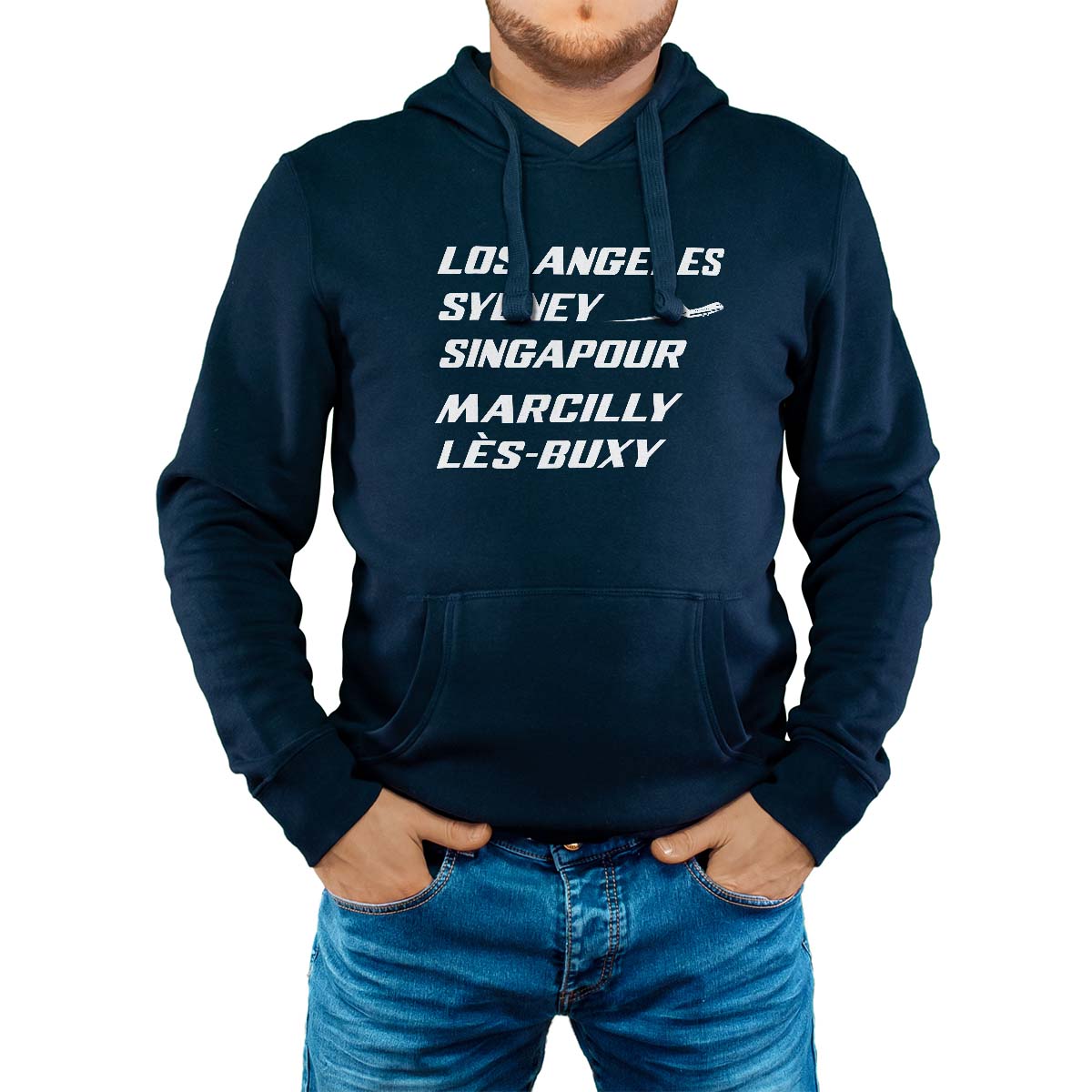 Sweat-shirt à capuche marine pour homme avec le message personnalisé blanc los angeles sydney singapour marcilly-lès-buxy