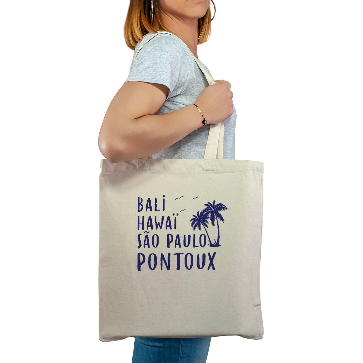Totebag cabas personnalisé naturel pour femme avec le message personnalisé marine bali hawaï sao-paulo pontoux