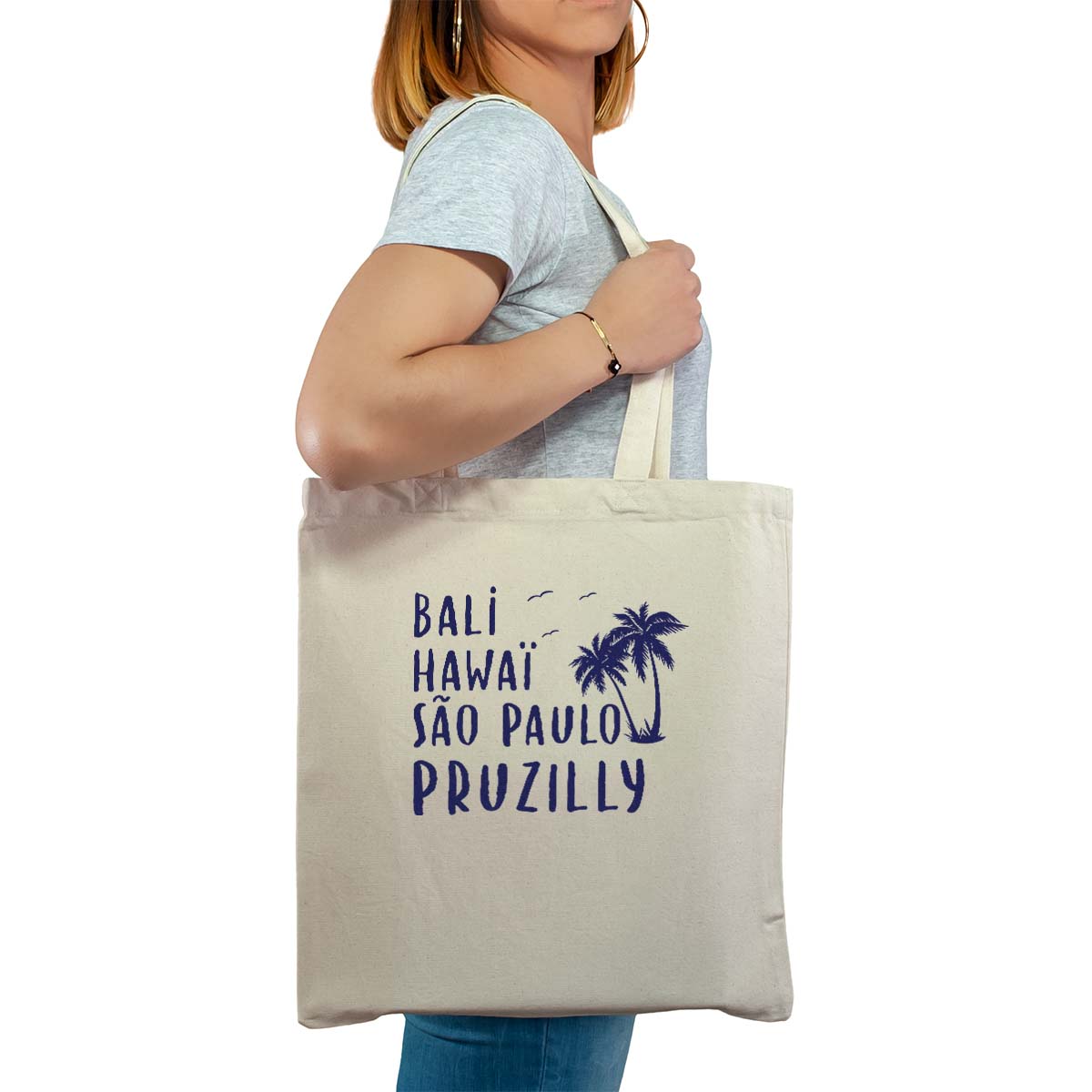 Totebag cabas personnalisé naturel pour femme avec le message personnalisé marine bali hawaï sao-paulo pruzilly