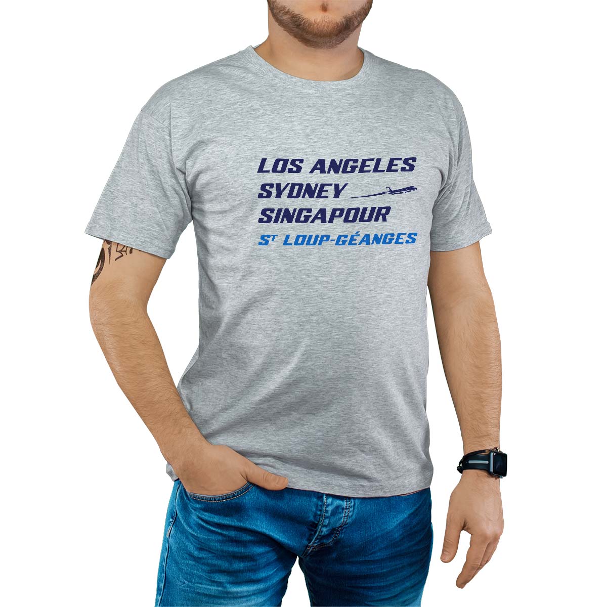 T-Shirt gris pour homme avec le message personnalisé marine los angeles sydney singapour saint-loup-géanges