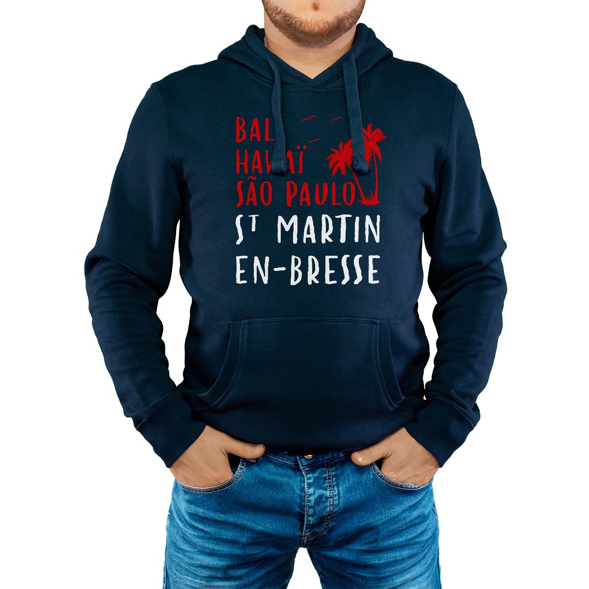 Sweat-shirt à capuche marine pour homme avec le message personnalisé rouge bali hawaï sao-paulo saint-martin-en-bresse