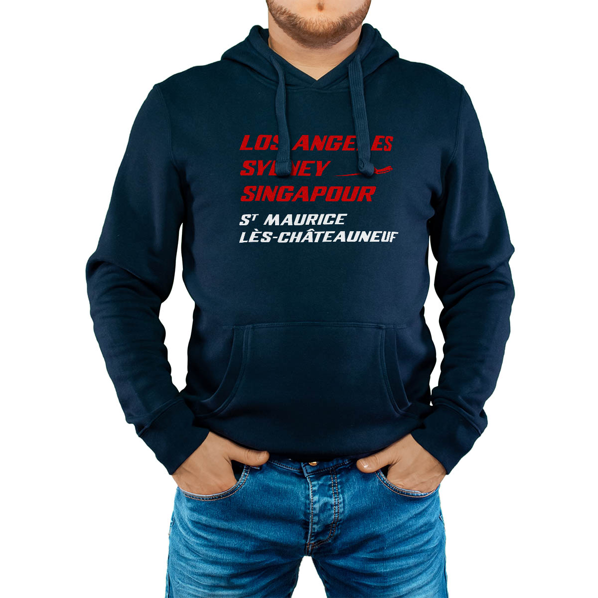 Sweat-shirt à capuche marine pour homme avec le message personnalisé rouge los angeles sydney singapour saint-maurice-lès-châteauneuf