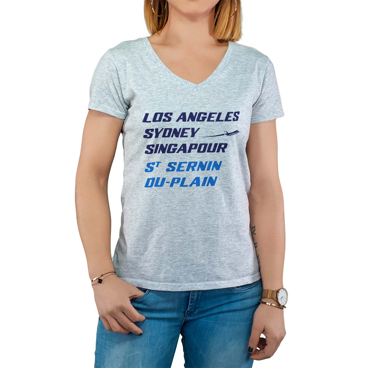 T-Shirt gris pour femme avec le message personnalisé marine los angeles sydney singapour saint-sernin-du-plain