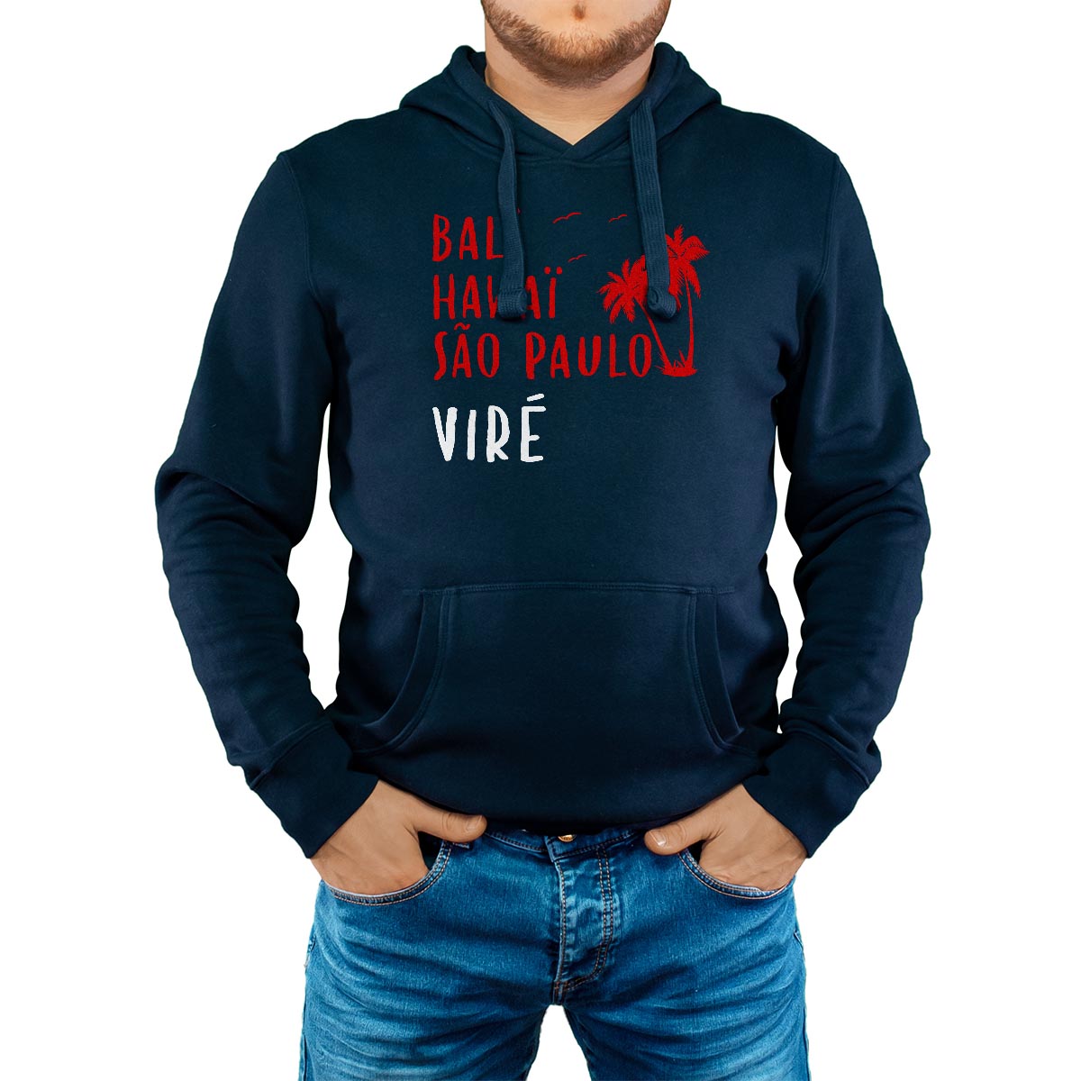 Sweat-shirt à capuche marine pour homme avec le message personnalisé rouge bali hawaï sao-paulo viré
