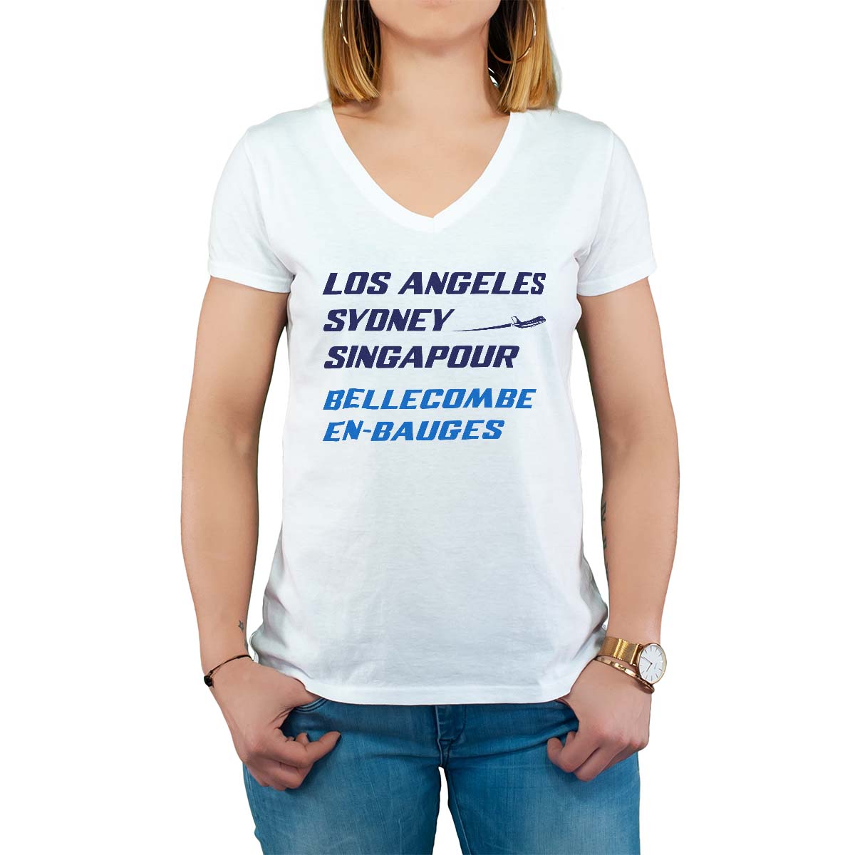 T-Shirt blanc pour femme avec le message personnalisé marine los angeles sydney singapour bellecombe-en-bauges