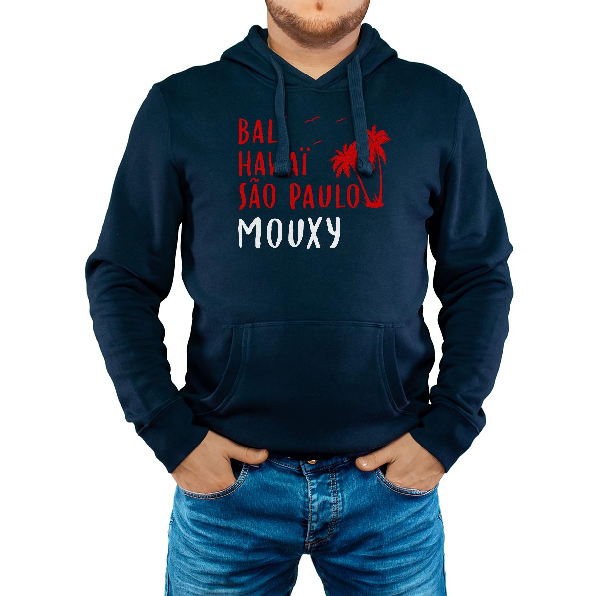 Sweat-shirt à capuche marine pour homme avec le message personnalisé rouge bali hawaï sao-paulo mouxy