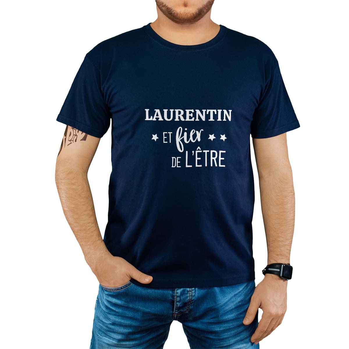 T-Shirt marine pour homme avec le message personnalisé blanc laurentin  et fier de l'être
