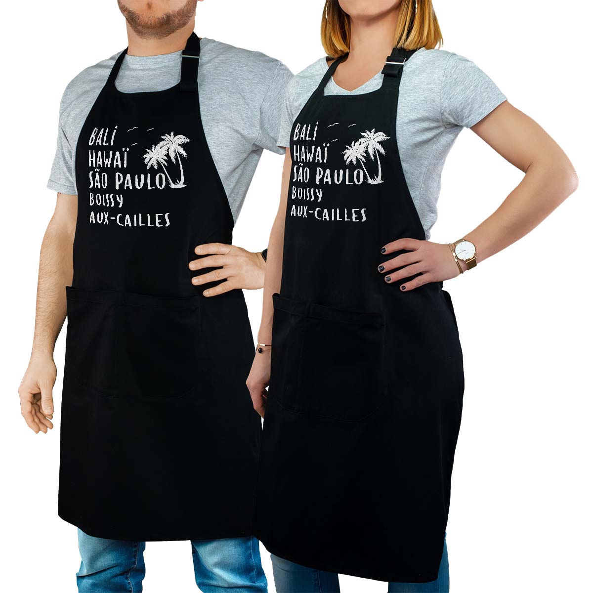 Tablier de cuisine personnalisé noir pour femme avec le message personnalisé blanc bali hawaï sao-paulo boissy-aux-cailles