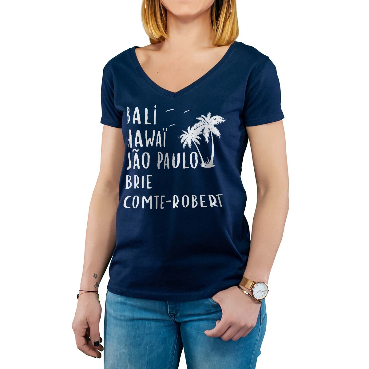 T-Shirt marine pour femme avec le message personnalisé blanc bali hawaï sao-paulo brie-comte-robert