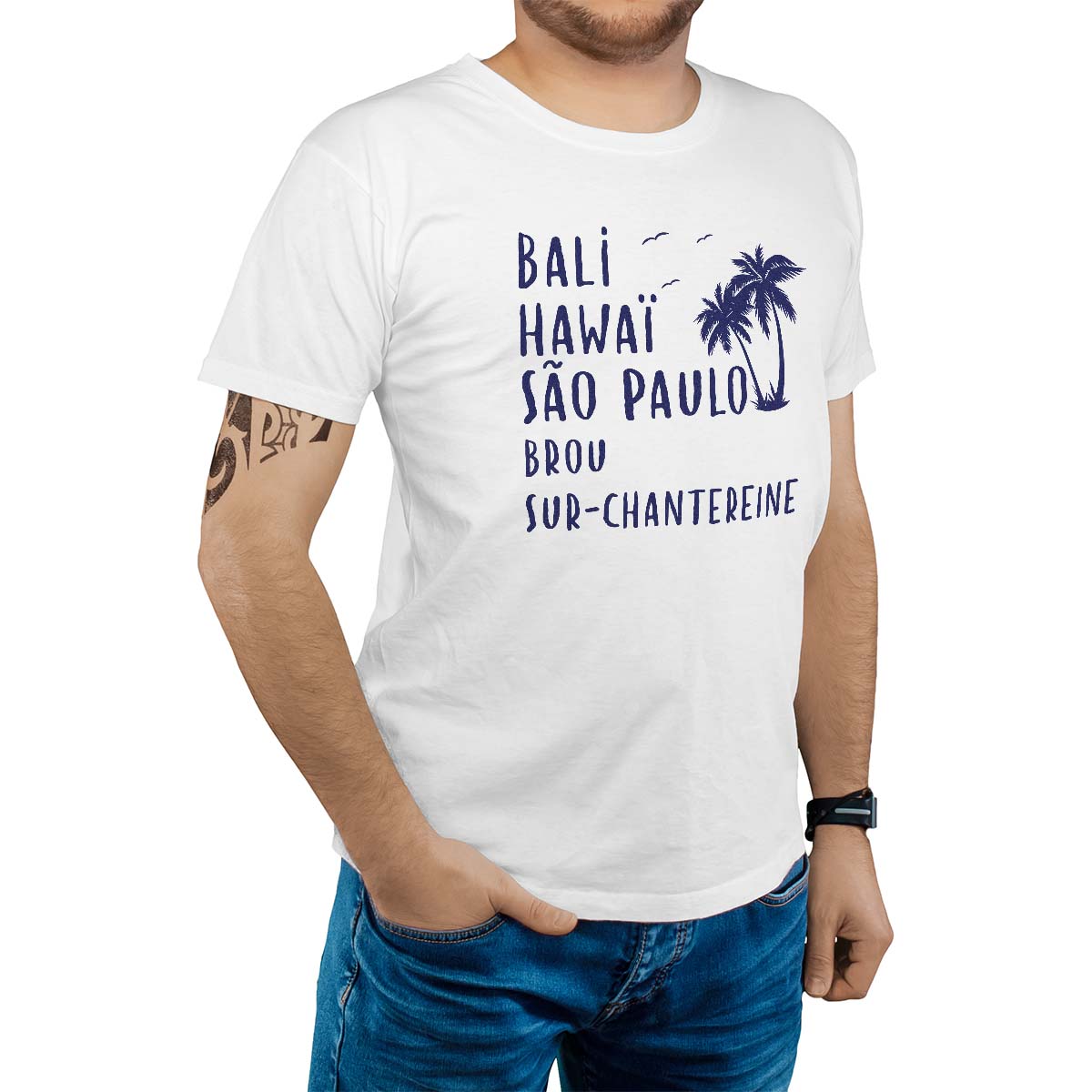 T-Shirt blanc pour homme avec le message personnalisé marine bali hawaï sao-paulo brou-sur-chantereine