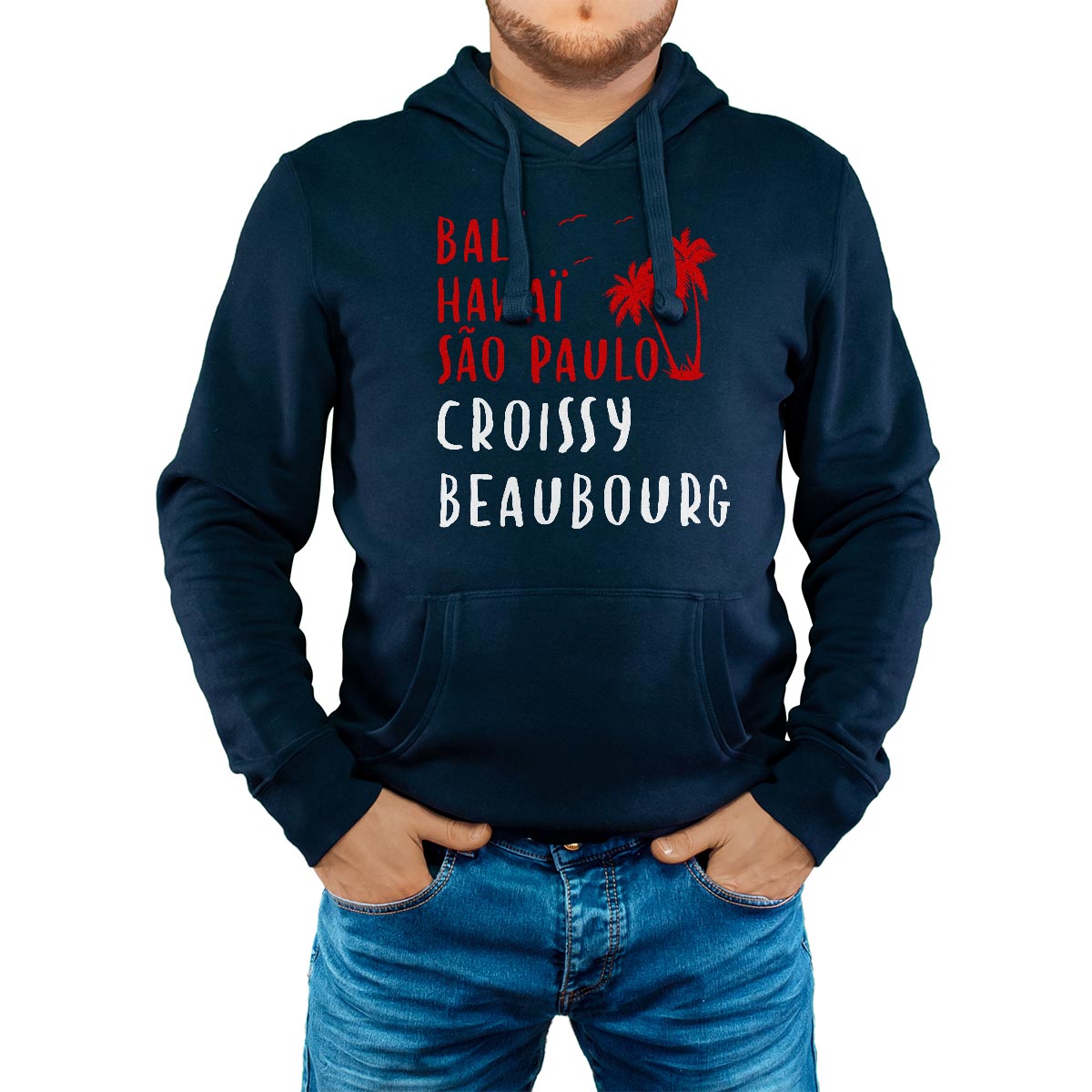 Sweat-shirt à capuche marine pour homme avec le message personnalisé rouge bali hawaï sao-paulo croissy-beaubourg