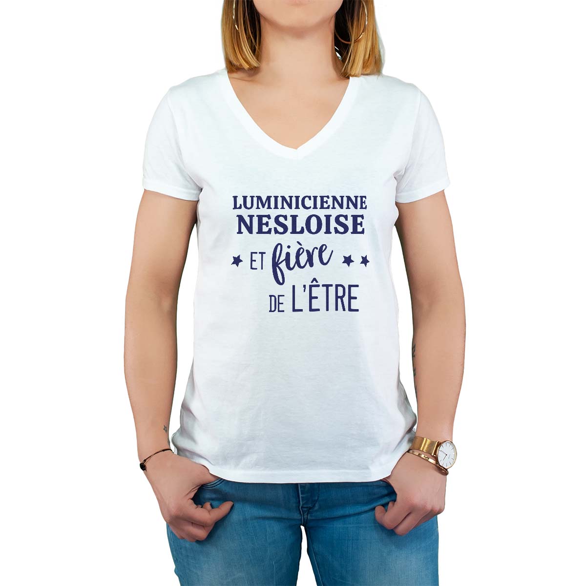 T-Shirt blanc pour femme avec le message personnalisé marine luminicienne-nesloise  et fière de l'être