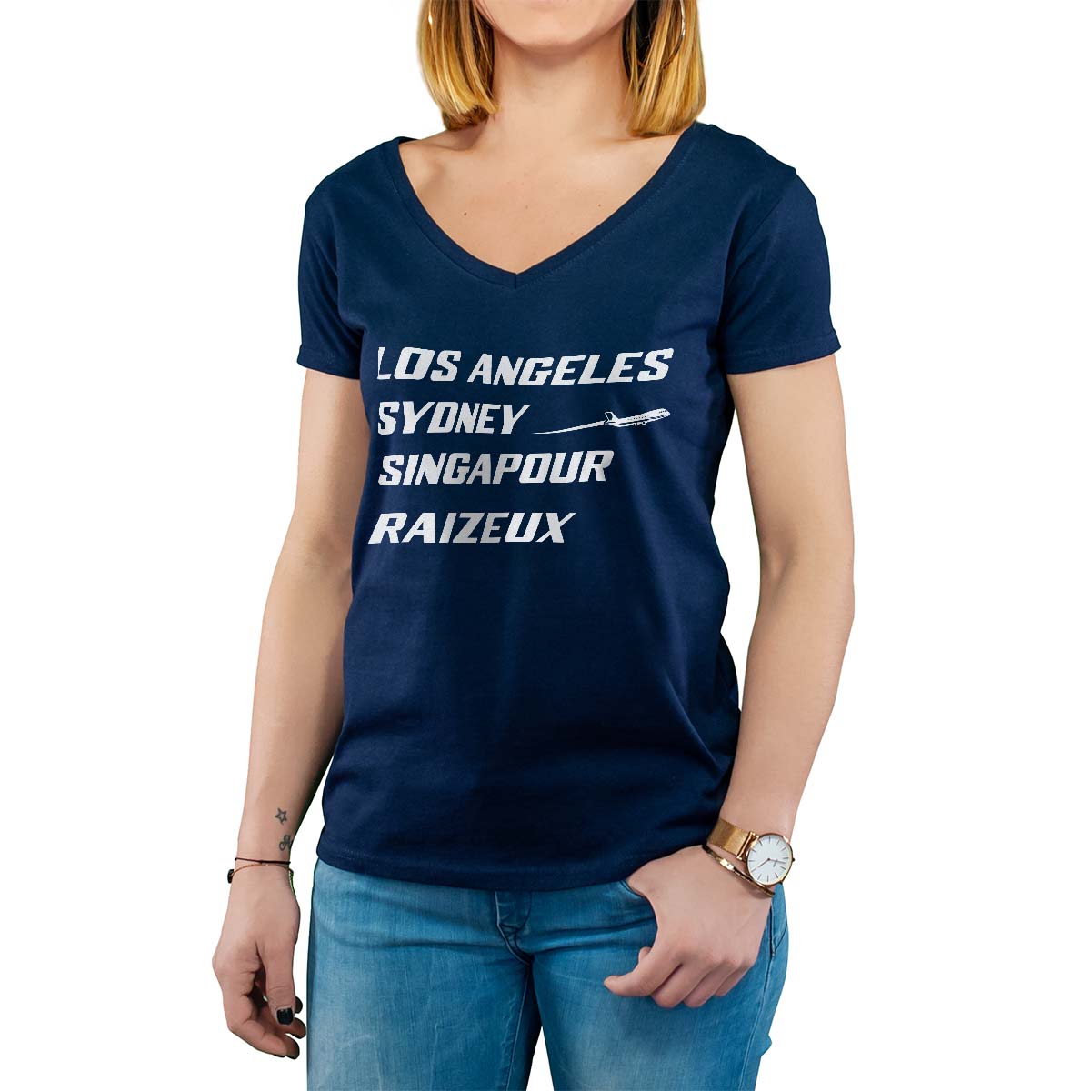 T-Shirt marine pour femme avec le message personnalisé blanc los angeles sydney singapour raizeux