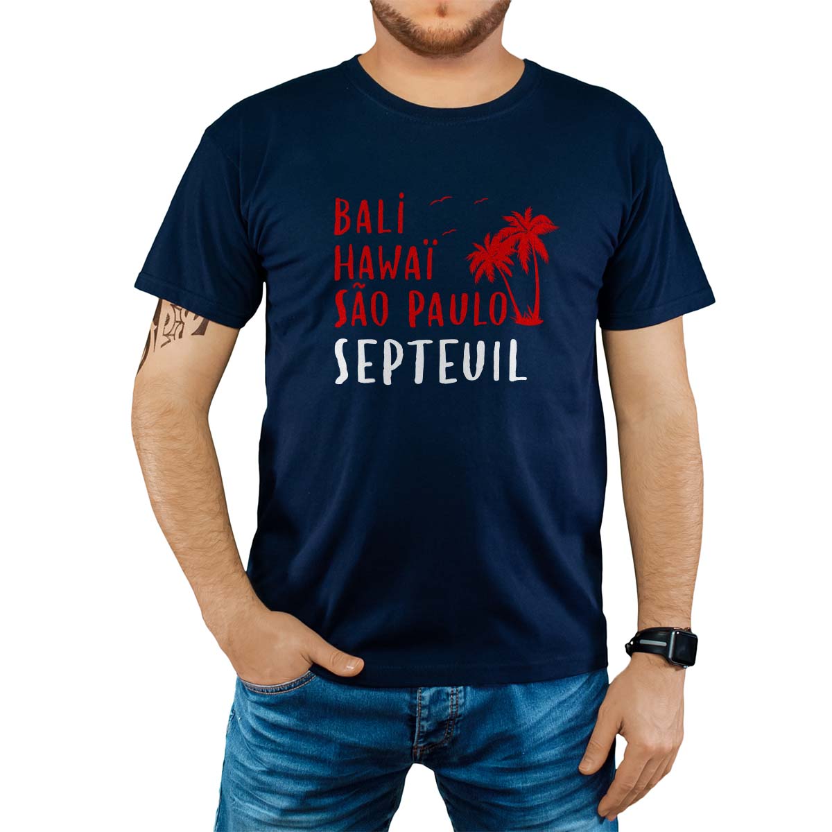 T-Shirt marine pour homme avec le message personnalisé rouge bali hawaï sao-paulo septeuil