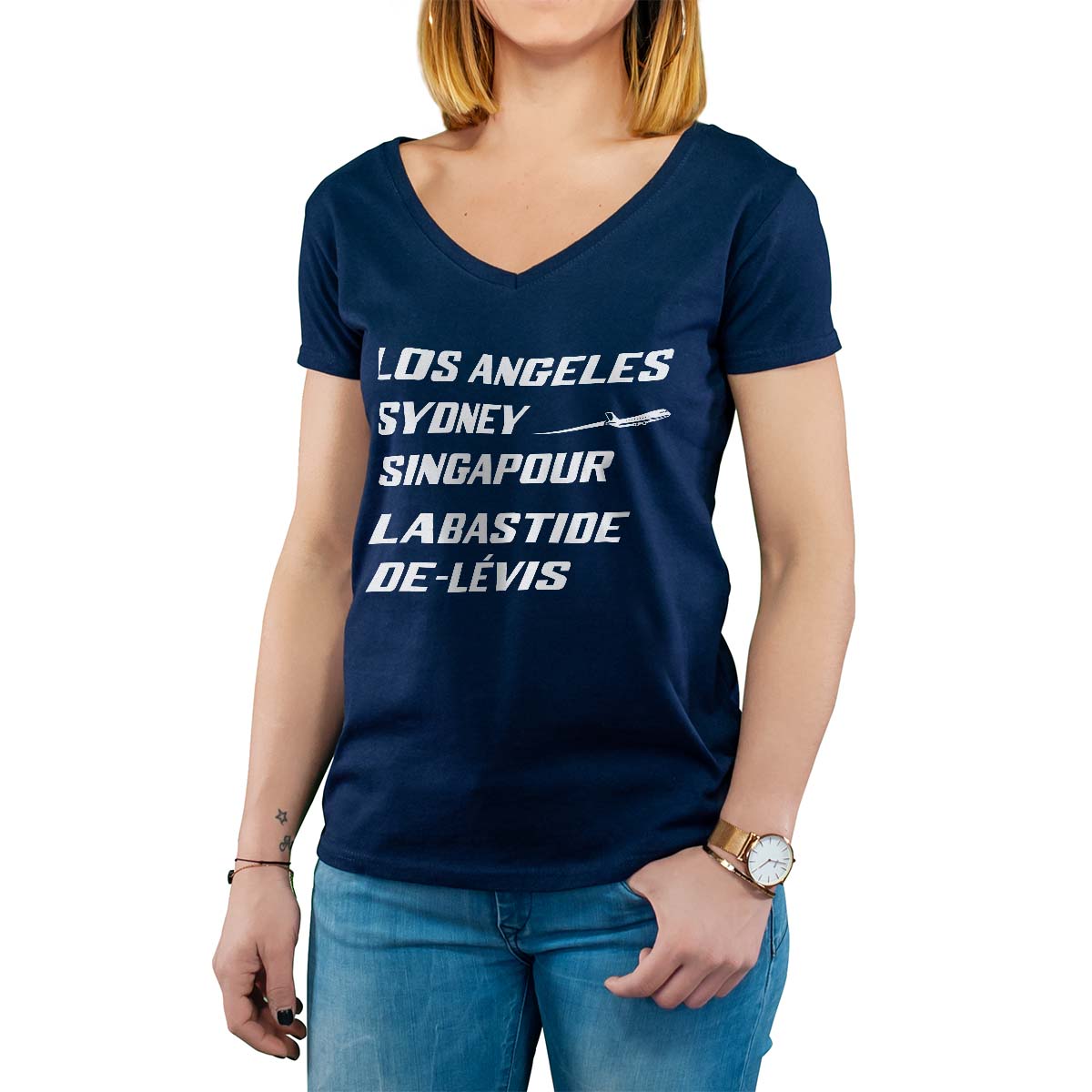 T-Shirt marine pour femme avec le message personnalisé blanc los angeles sydney singapour labastide-de-lévis