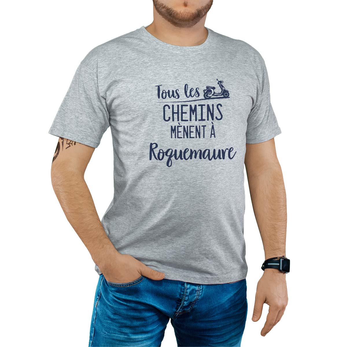 T-Shirt gris pour homme avec le message personnalisé marine tous les chemins mènent à roquemaure