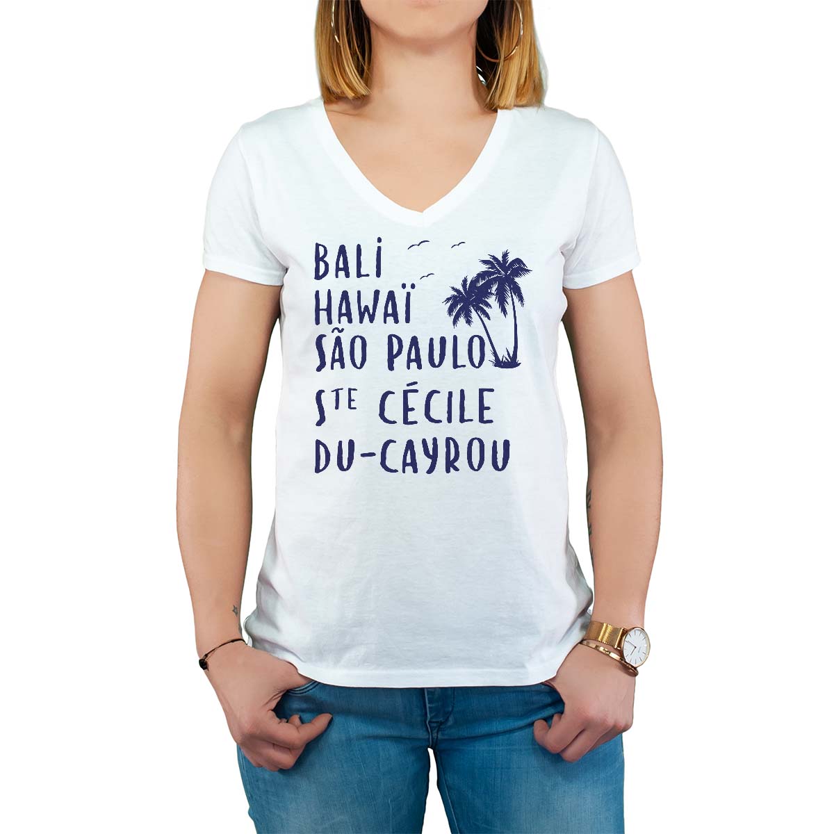 T-Shirt blanc pour femme avec le message personnalisé marine bali hawaï sao-paulo sainte-cécile-du-cayrou