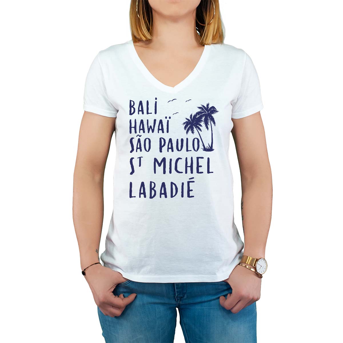 T-Shirt blanc pour femme avec le message personnalisé marine bali hawaï sao-paulo saint-michel-labadié