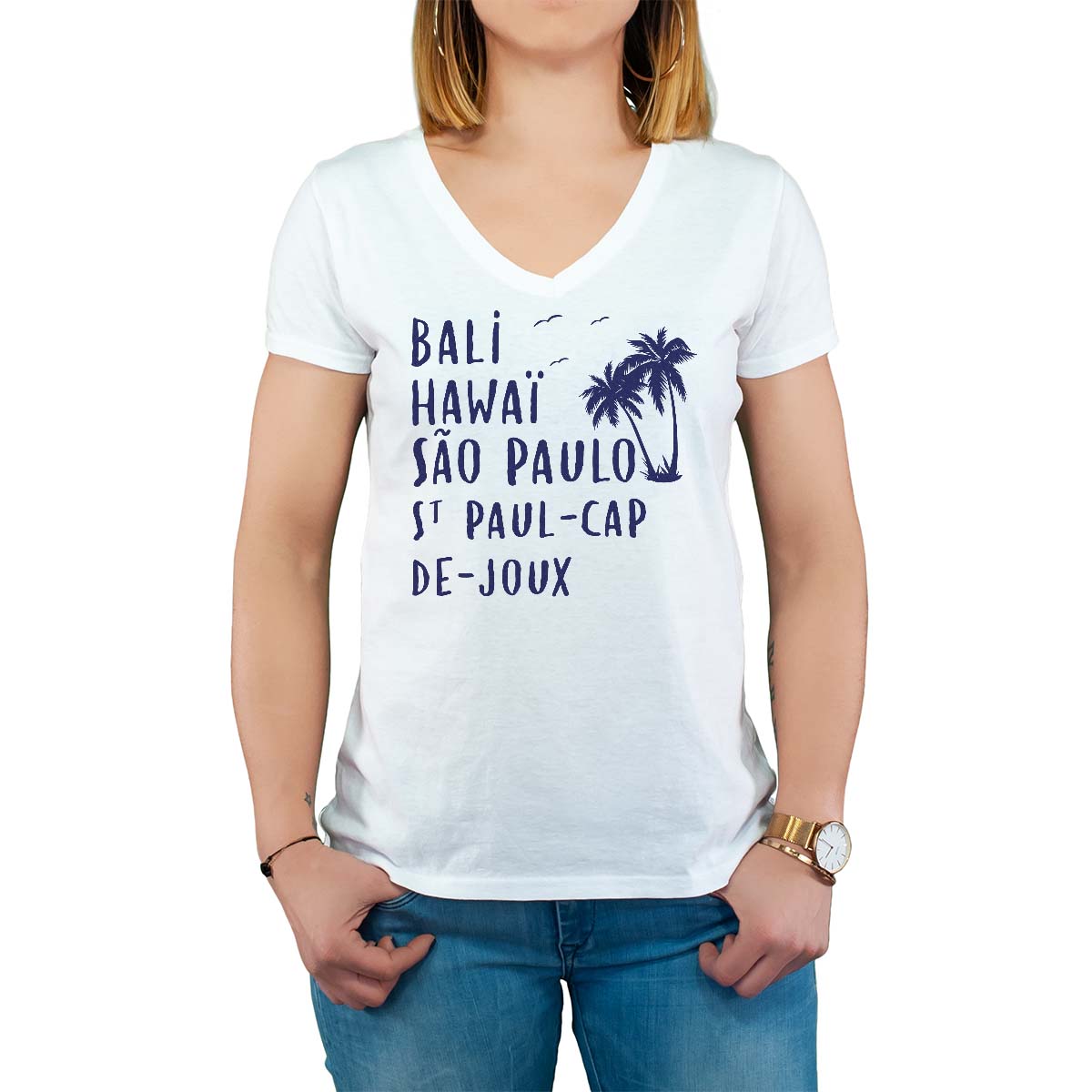 T-Shirt blanc pour femme avec le message personnalisé marine bali hawaï sao-paulo saint-paul-cap-de-joux