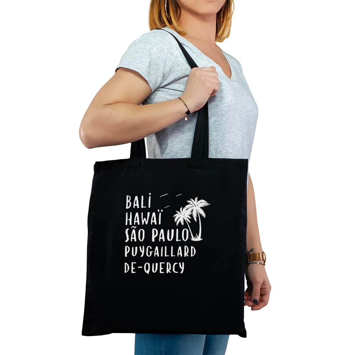 Totebag cabas personnalisé noir pour femme avec le message personnalisé blanc bali hawaï sao-paulo puygaillard-de-quercy