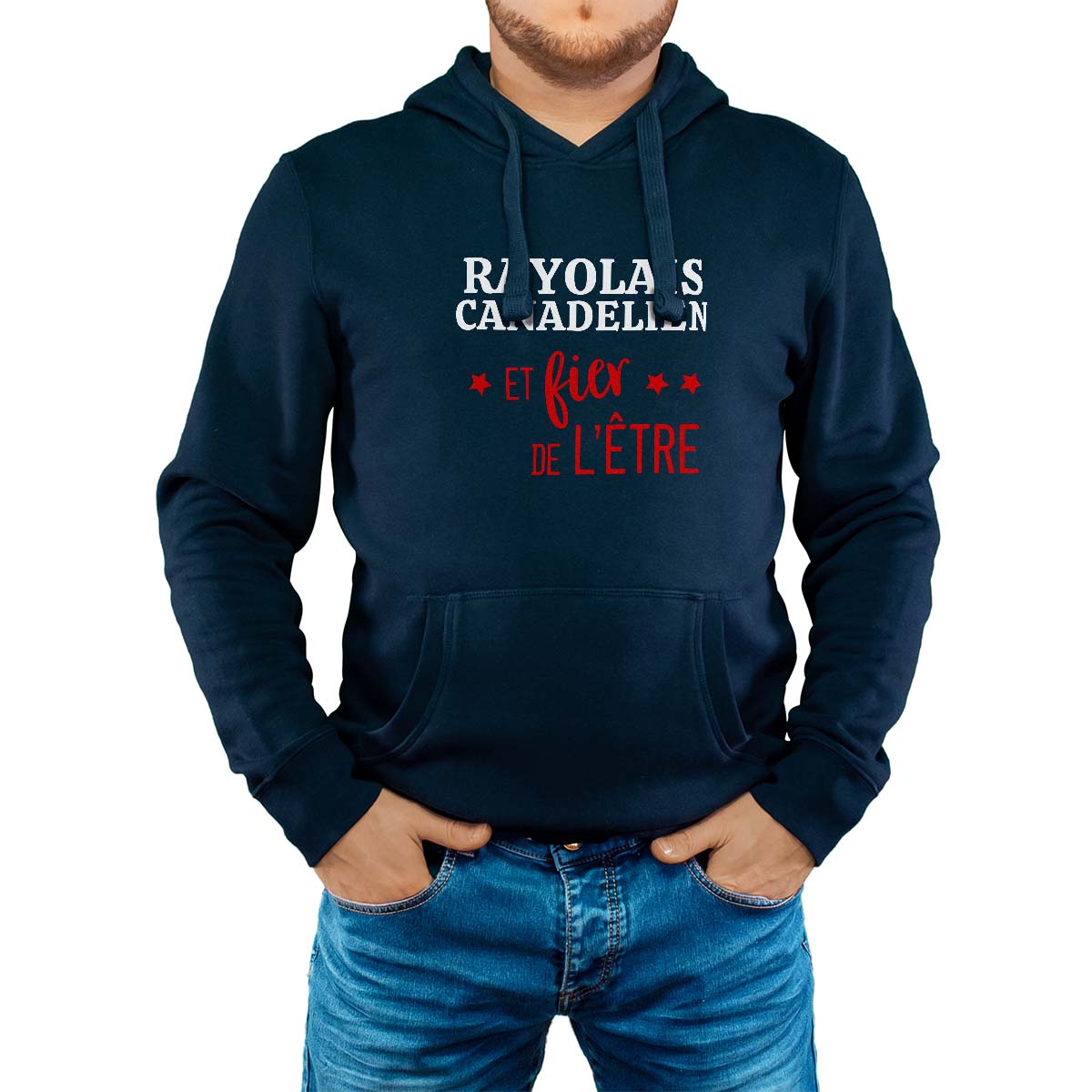 Sweat-shirt à capuche marine pour homme avec le message personnalisé rouge rayolaises-canadeli  et fier de l'être