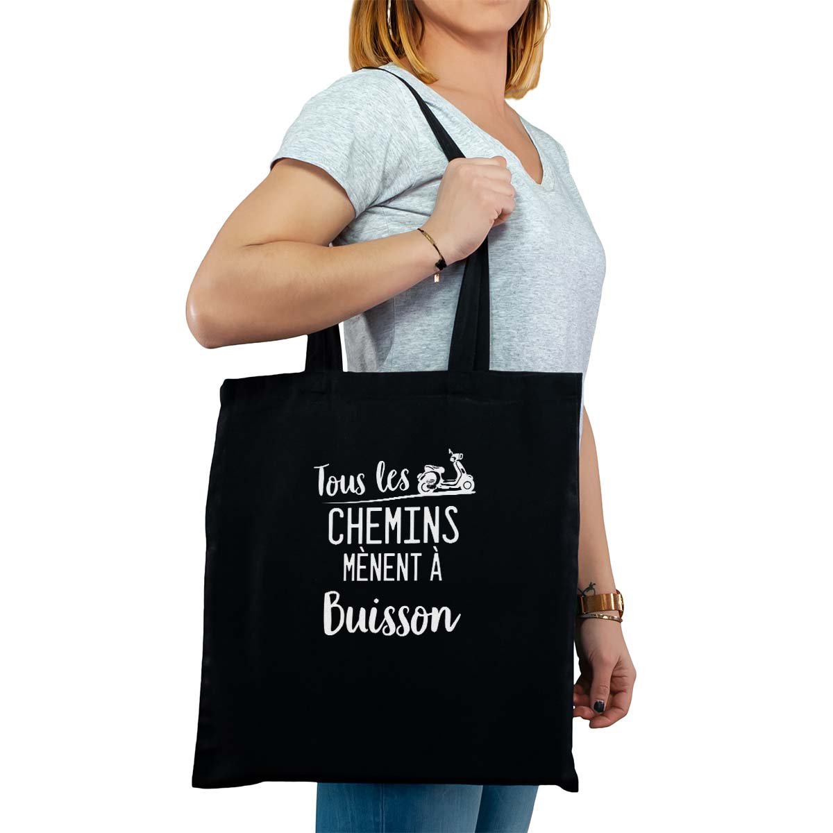 Totebag cabas personnalisé noir pour femme avec le message personnalisé blanc tous les chemins mènent à buisson