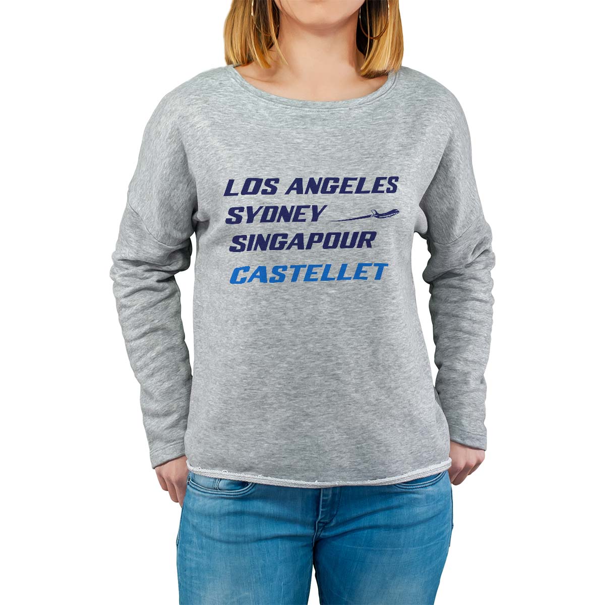 Sweat shirt gris pour femme avec le message personnalisé marine los angeles sydney singapour castellet