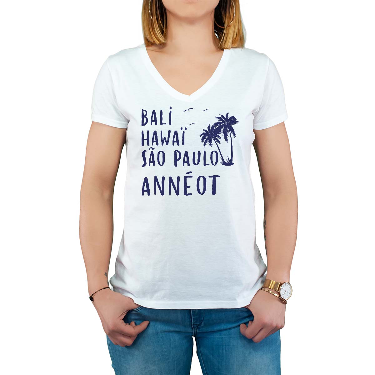 T-Shirt blanc pour femme avec le message personnalisé marine bali hawaï sao-paulo annéot