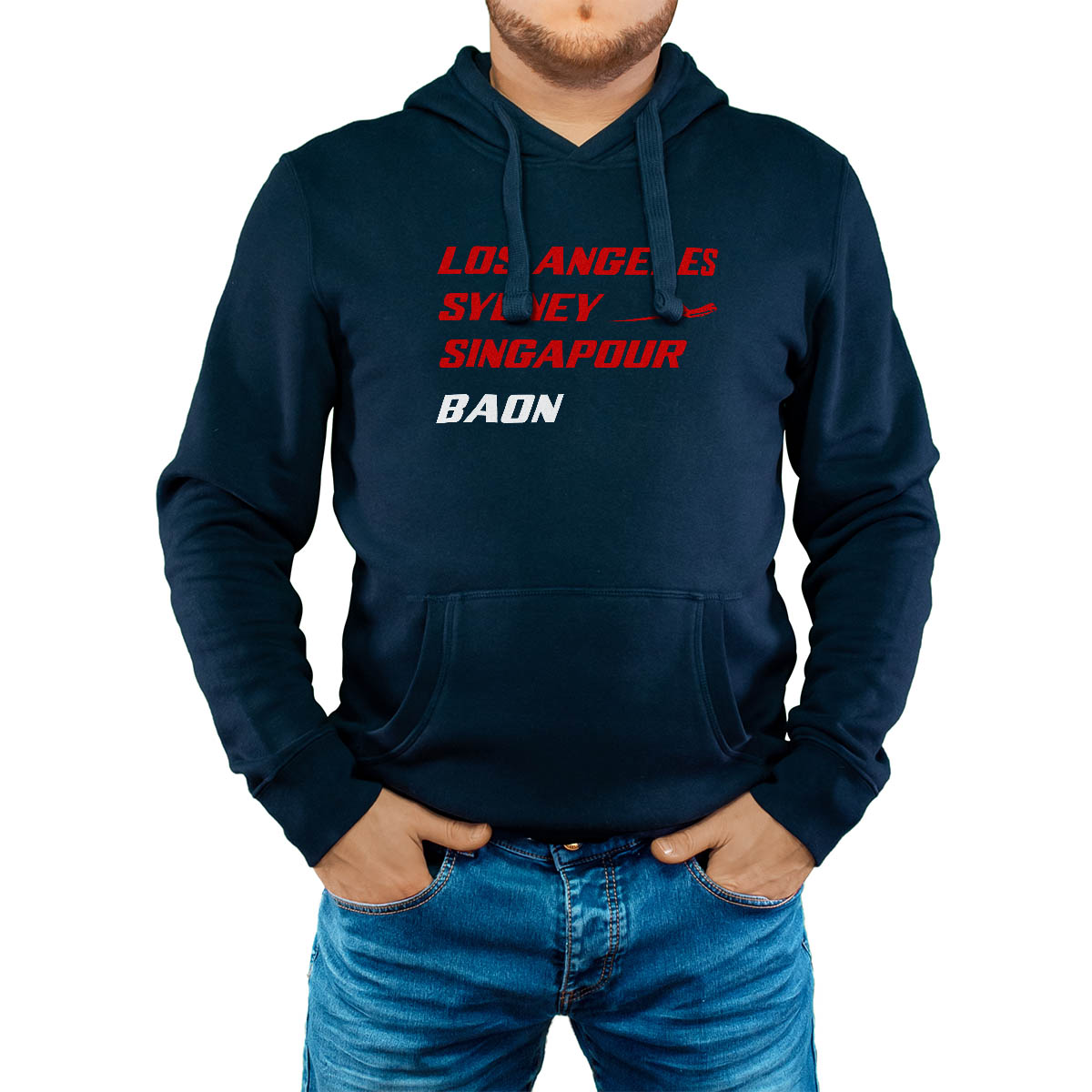 Sweat-shirt à capuche marine pour homme avec le message personnalisé rouge los angeles sydney singapour baon