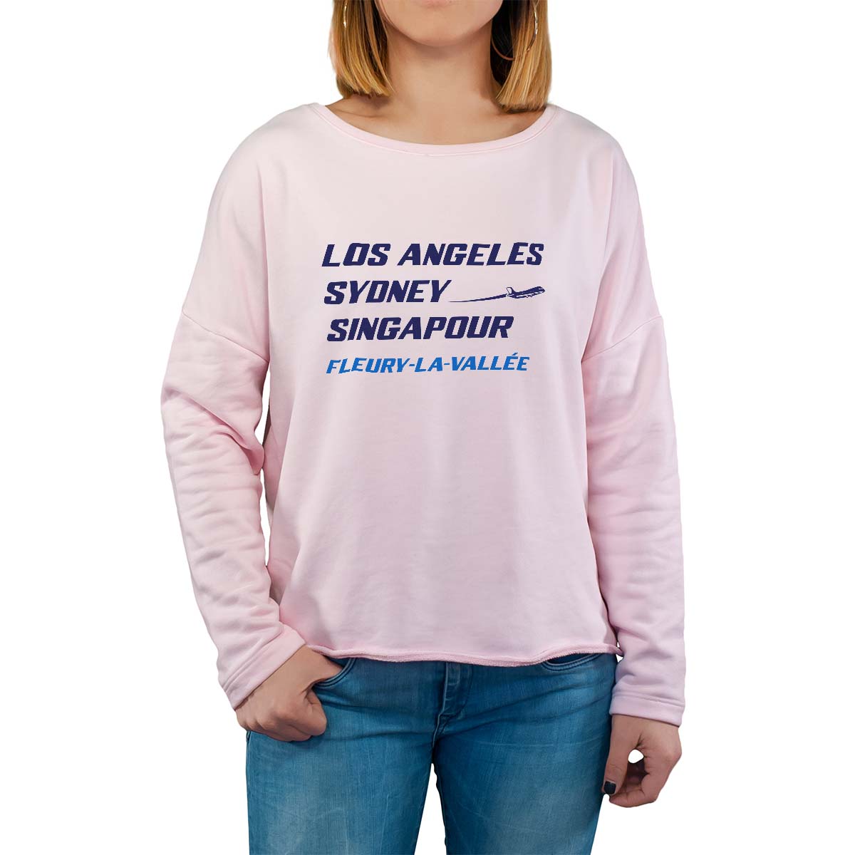 Sweat shirt rose pour femme avec le message personnalisé marine los angeles sydney singapour fleury-la-vallée