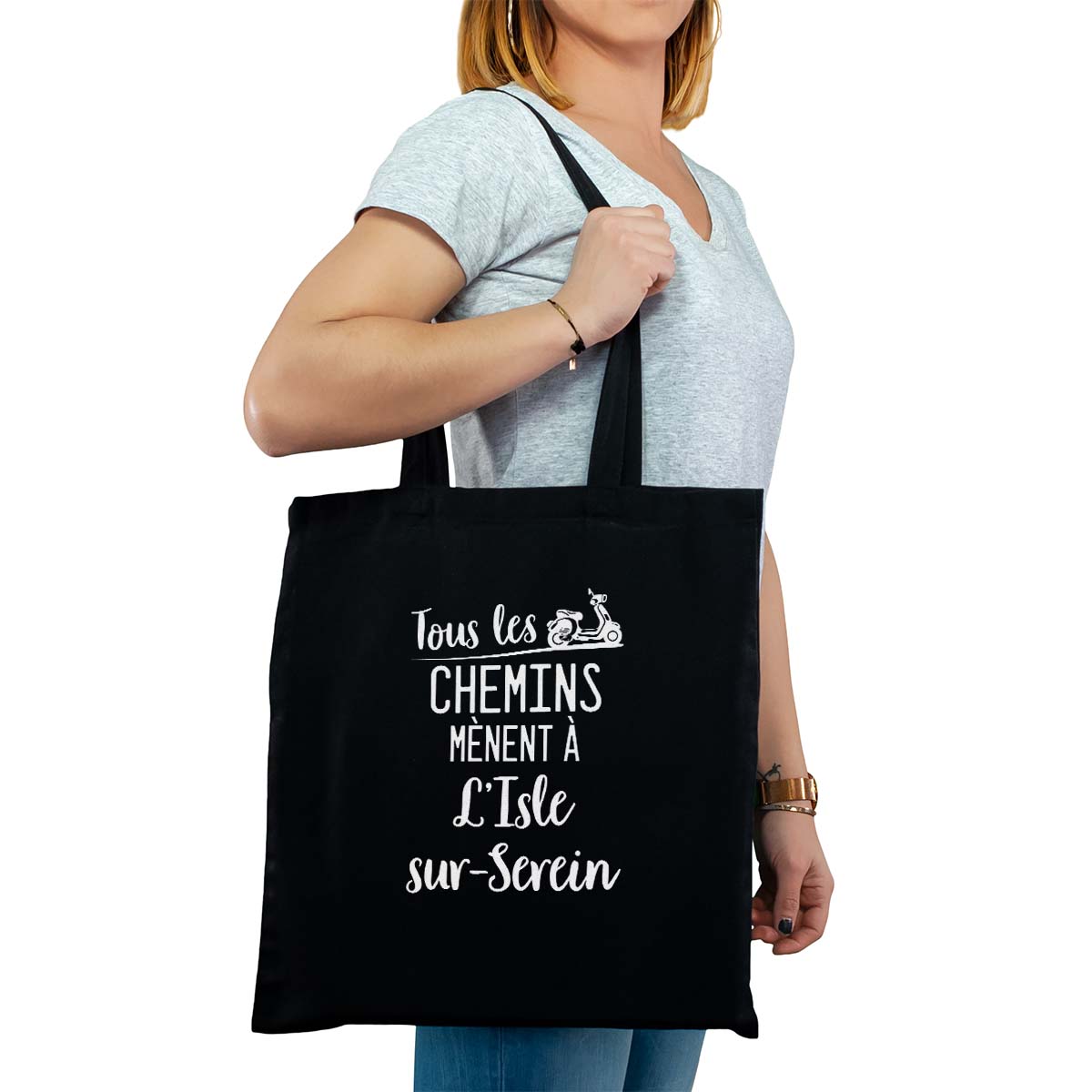 Totebag cabas personnalisé noir pour femme avec le message personnalisé blanc tous les chemins mènent à l'isle-sur-serein