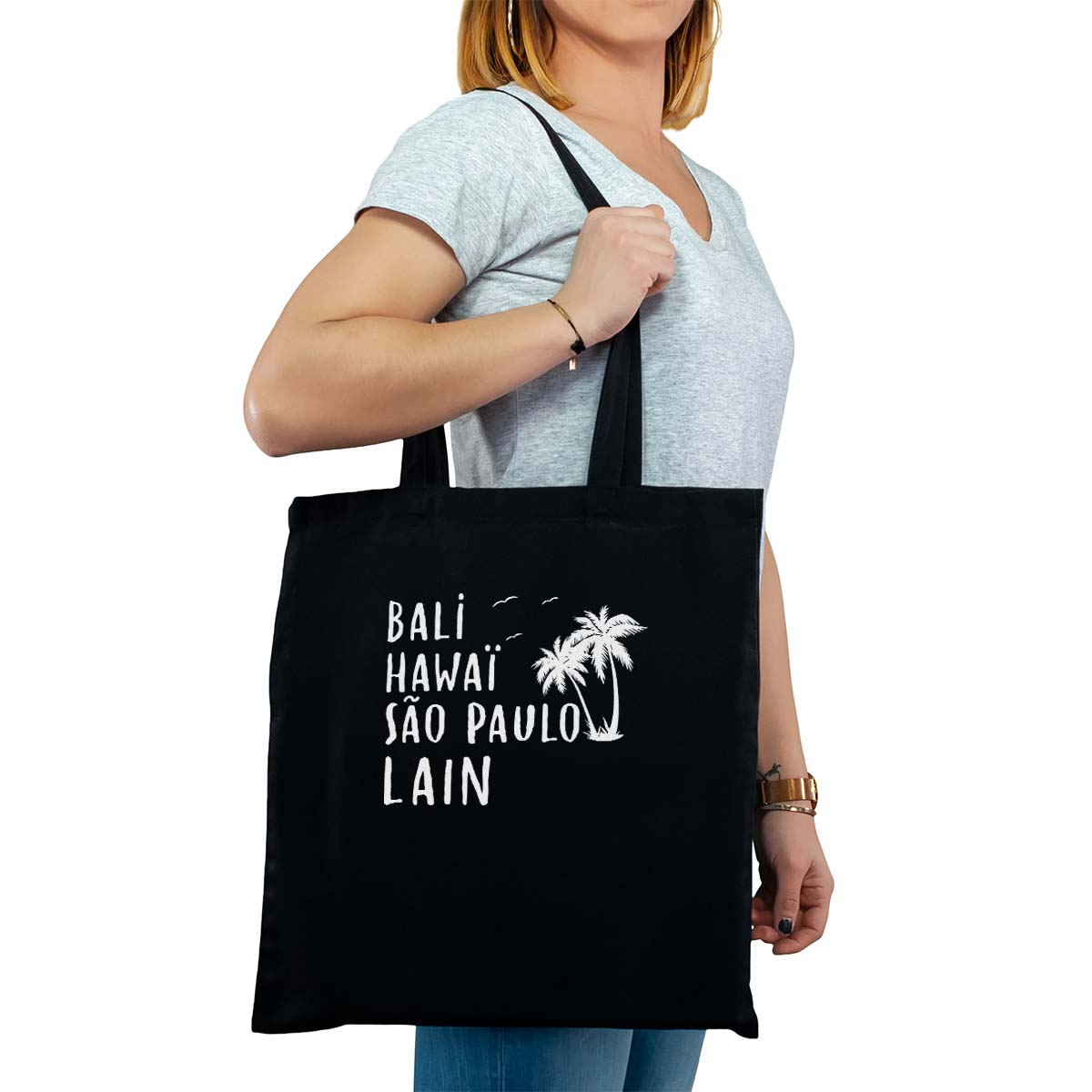 Totebag cabas personnalisé noir pour femme avec le message personnalisé blanc bali hawaï sao-paulo lain