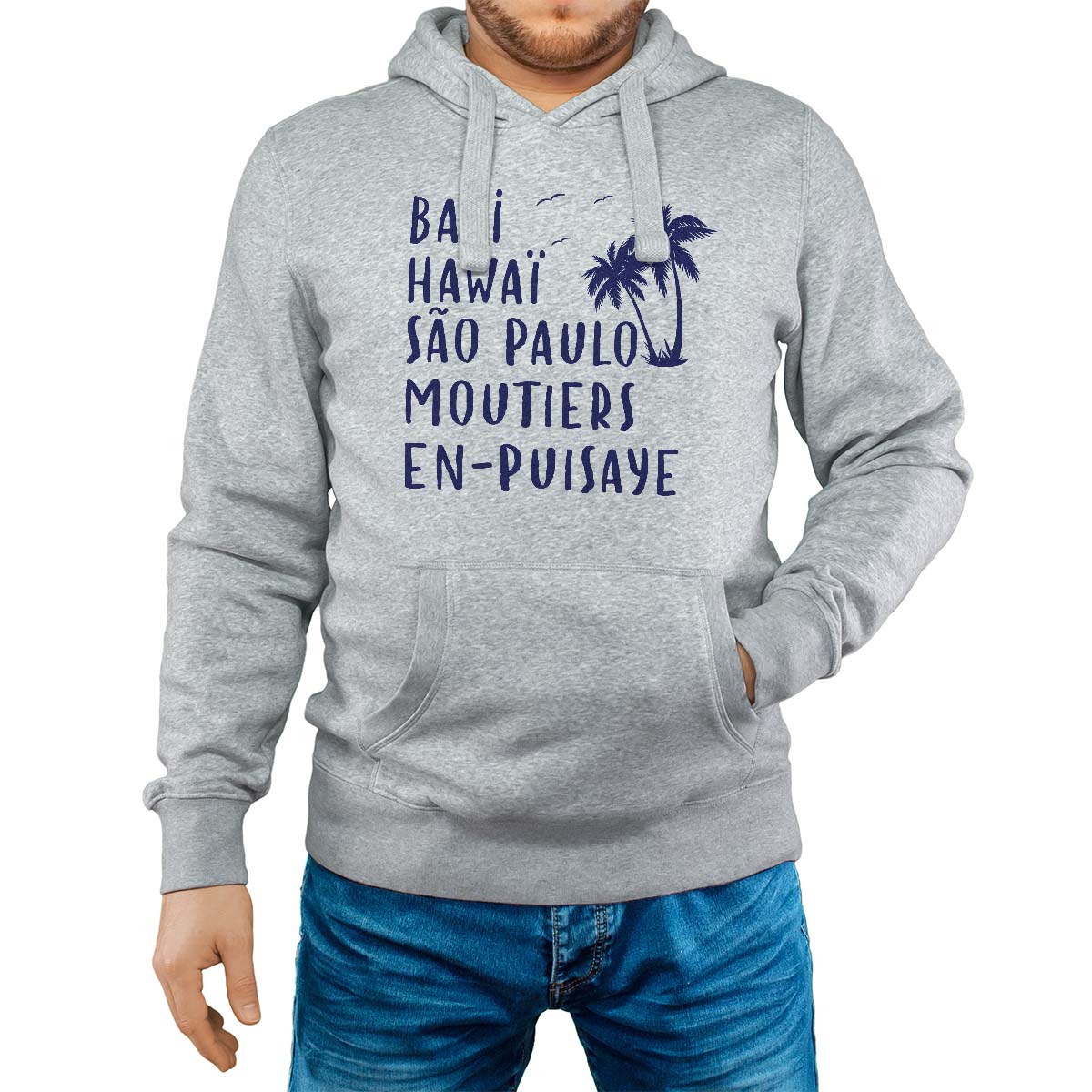 Sweat-shirt à capuche gris pour homme avec le message personnalisé marine bali hawaï sao-paulo moutiers-en-puisaye