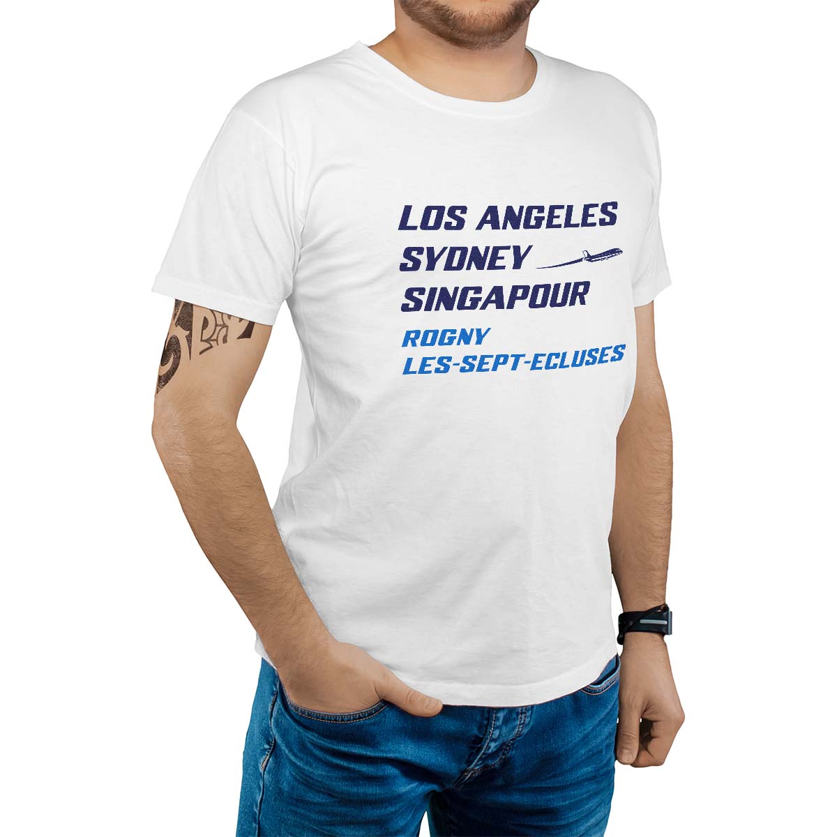 T-Shirt blanc pour homme avec le message personnalisé marine los angeles sydney singapour rogny-les-sept-ecluses
