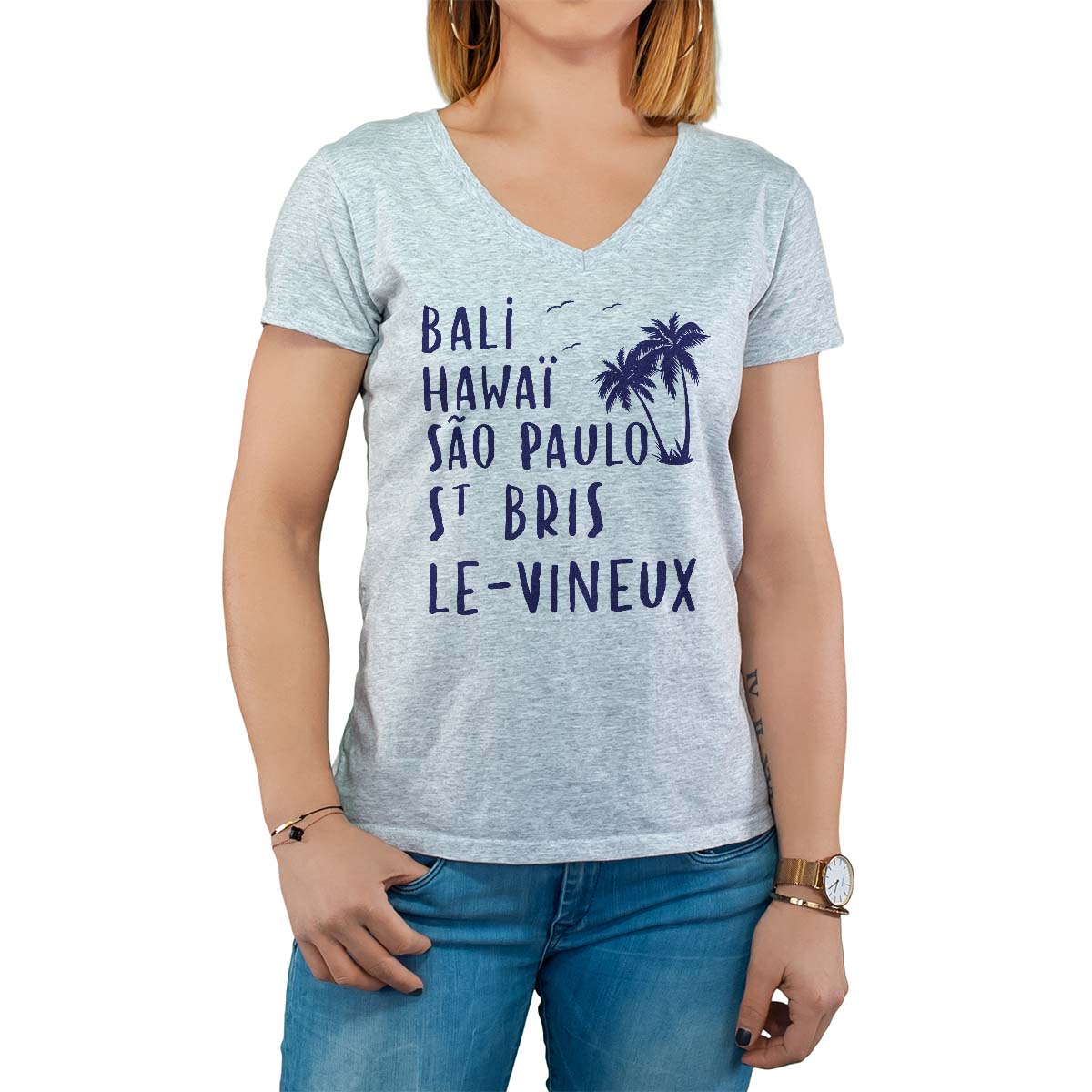T-Shirt gris pour femme avec le message personnalisé marine bali hawaï sao-paulo saint-bris-le-vineux