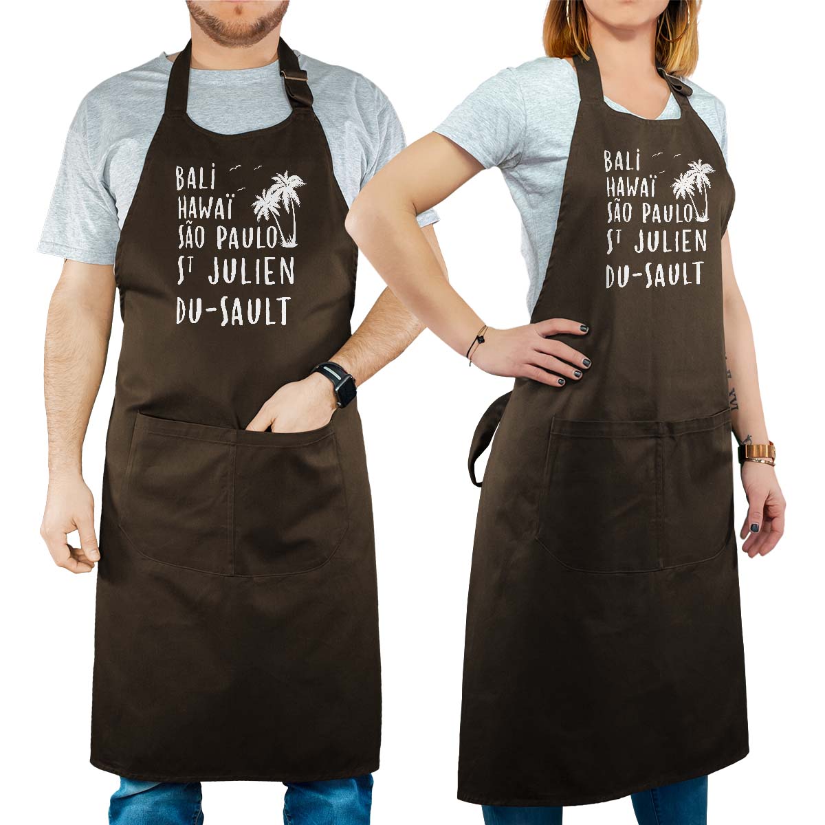 Tablier de cuisine personnalisé cacao pour femme avec le message personnalisé blanc bali hawaï sao-paulo saint-julien-du-sault