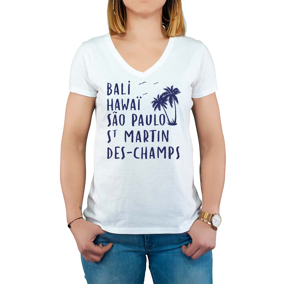 T-Shirt blanc pour femme avec le message personnalisé marine bali hawaï sao-paulo saint-martin-des-champs