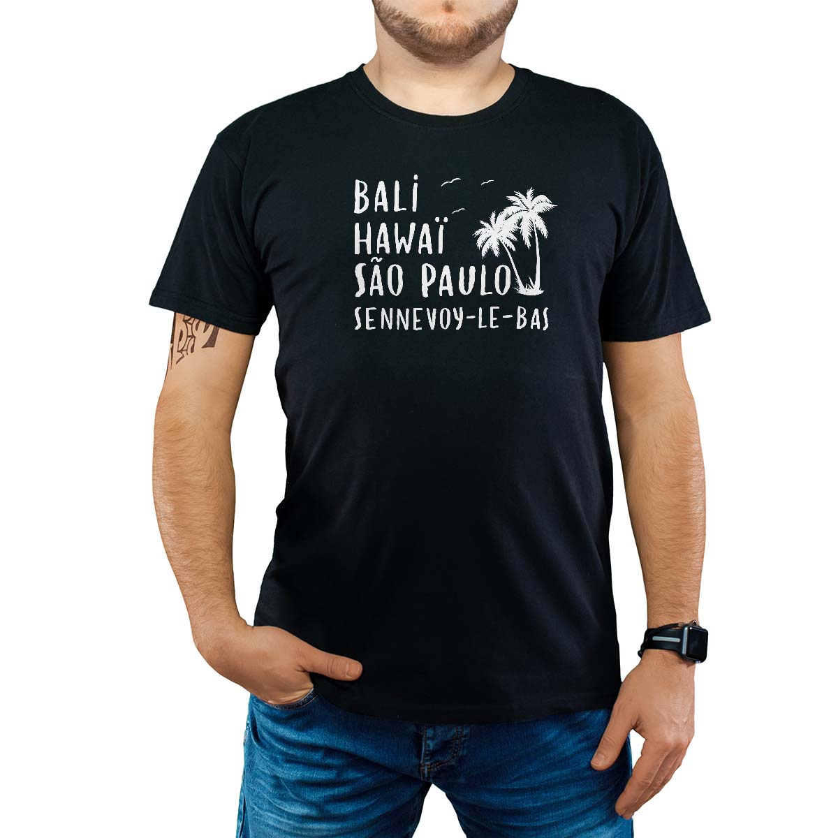 T-Shirt noir pour homme avec le message personnalisé blanc bali hawaï sao-paulo sennevoy-le-bas