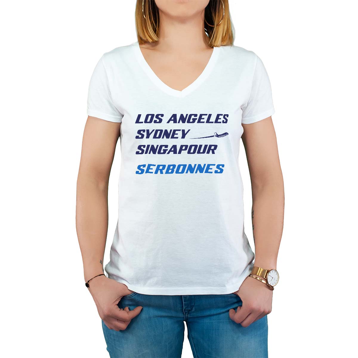 T-Shirt blanc pour femme avec le message personnalisé marine los angeles sydney singapour serbonnes