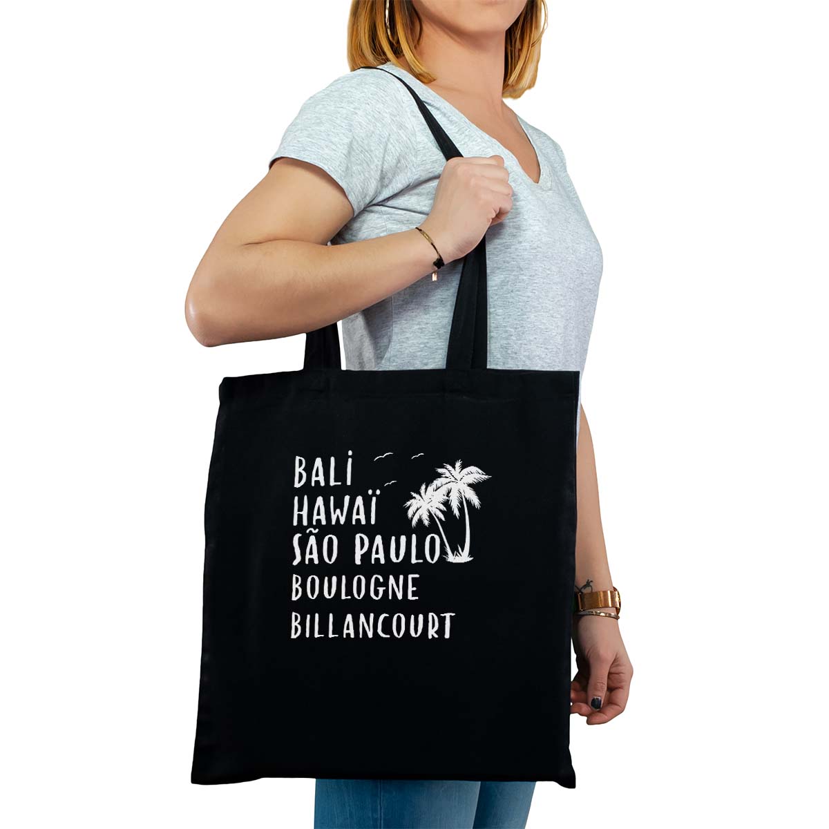 Totebag cabas personnalisé noir pour femme avec le message personnalisé blanc bali hawaï sao-paulo boulogne-billancourt
