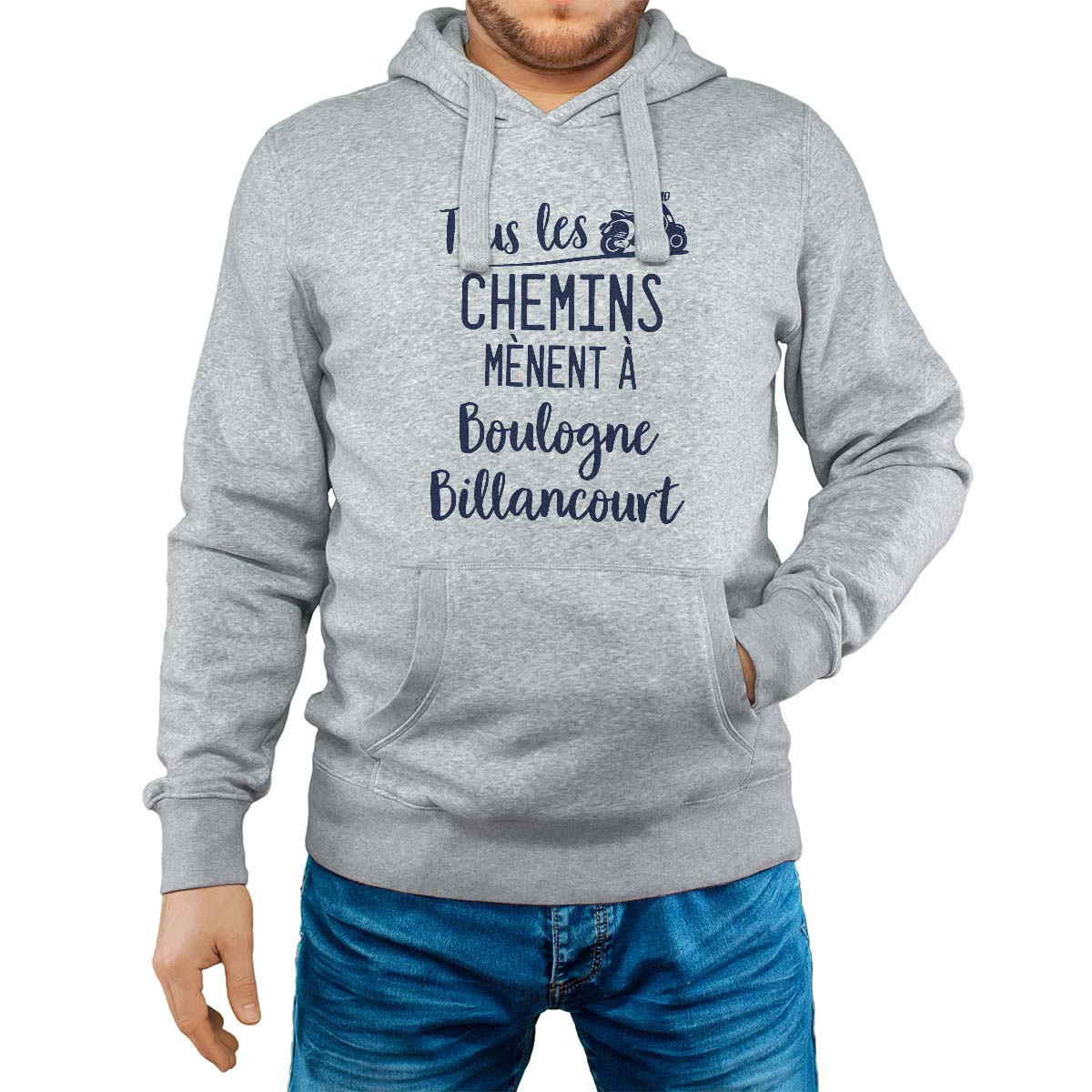 Sweat-shirt à capuche gris pour homme avec le message personnalisé marine tous les chemins mènent à boulogne-billancourt