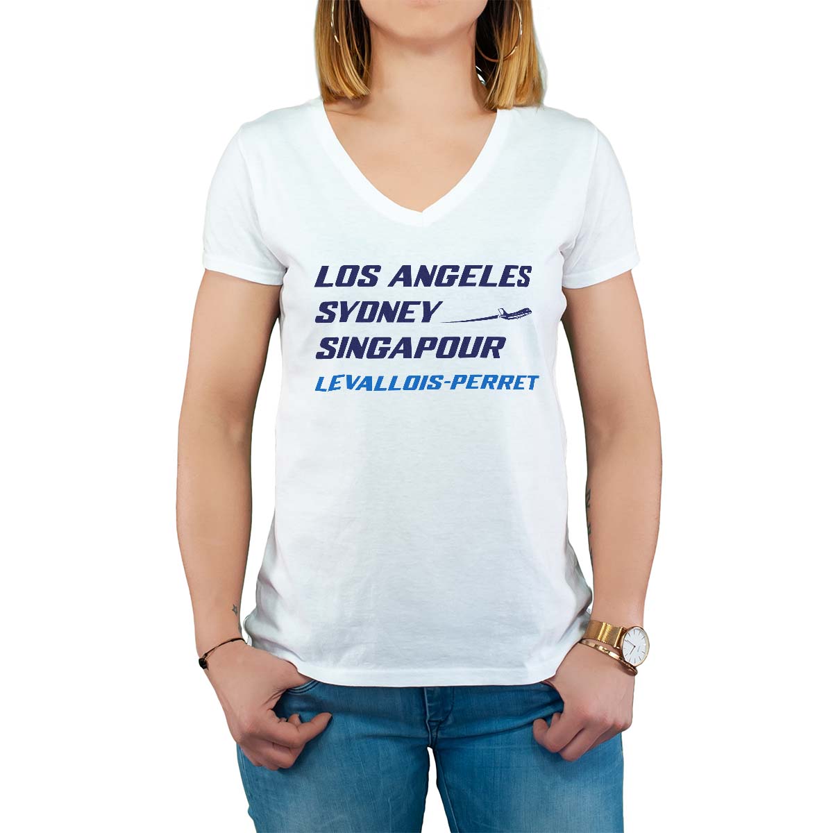 T-Shirt blanc pour femme avec le message personnalisé marine los angeles sydney singapour levallois-perret