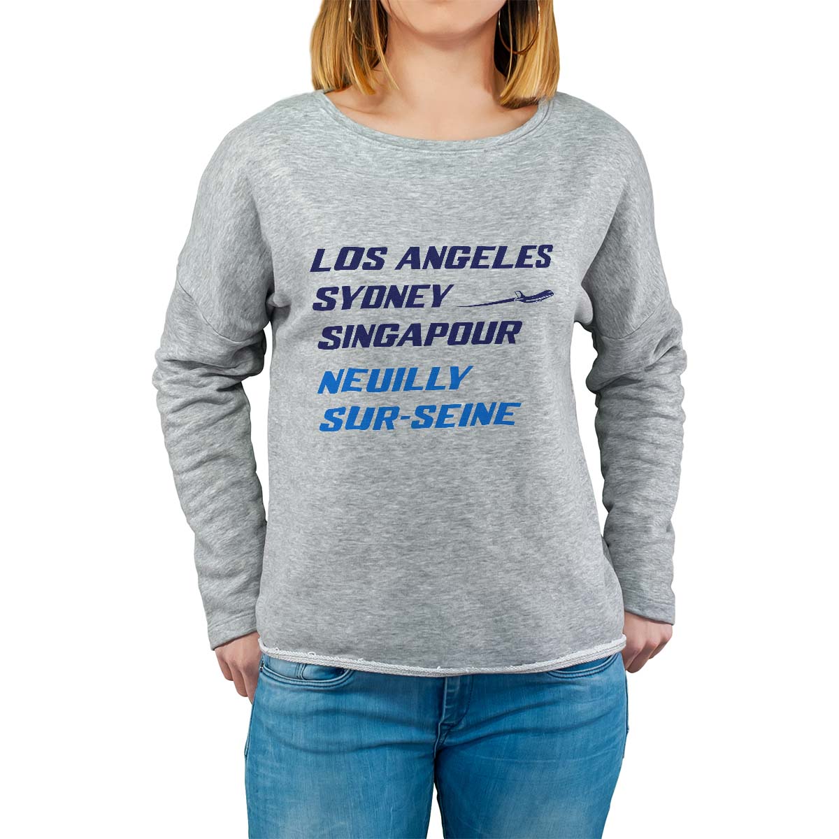 Sweat shirt gris pour femme avec le message personnalisé marine los angeles sydney singapour neuilly-sur-seine
