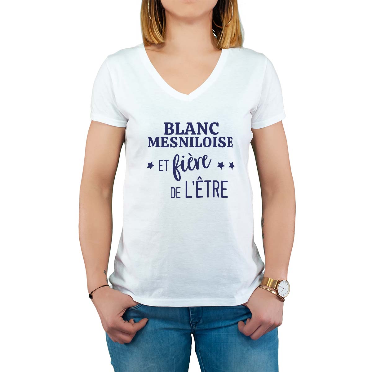 T-Shirt blanc pour femme avec le message personnalisé marine blanc-mesniloise  et fière de l'être