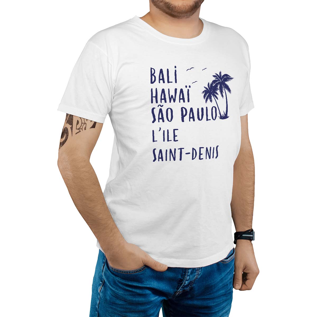 T-Shirt blanc pour homme avec le message personnalisé marine bali hawaï sao-paulo l'ile-saint-denis