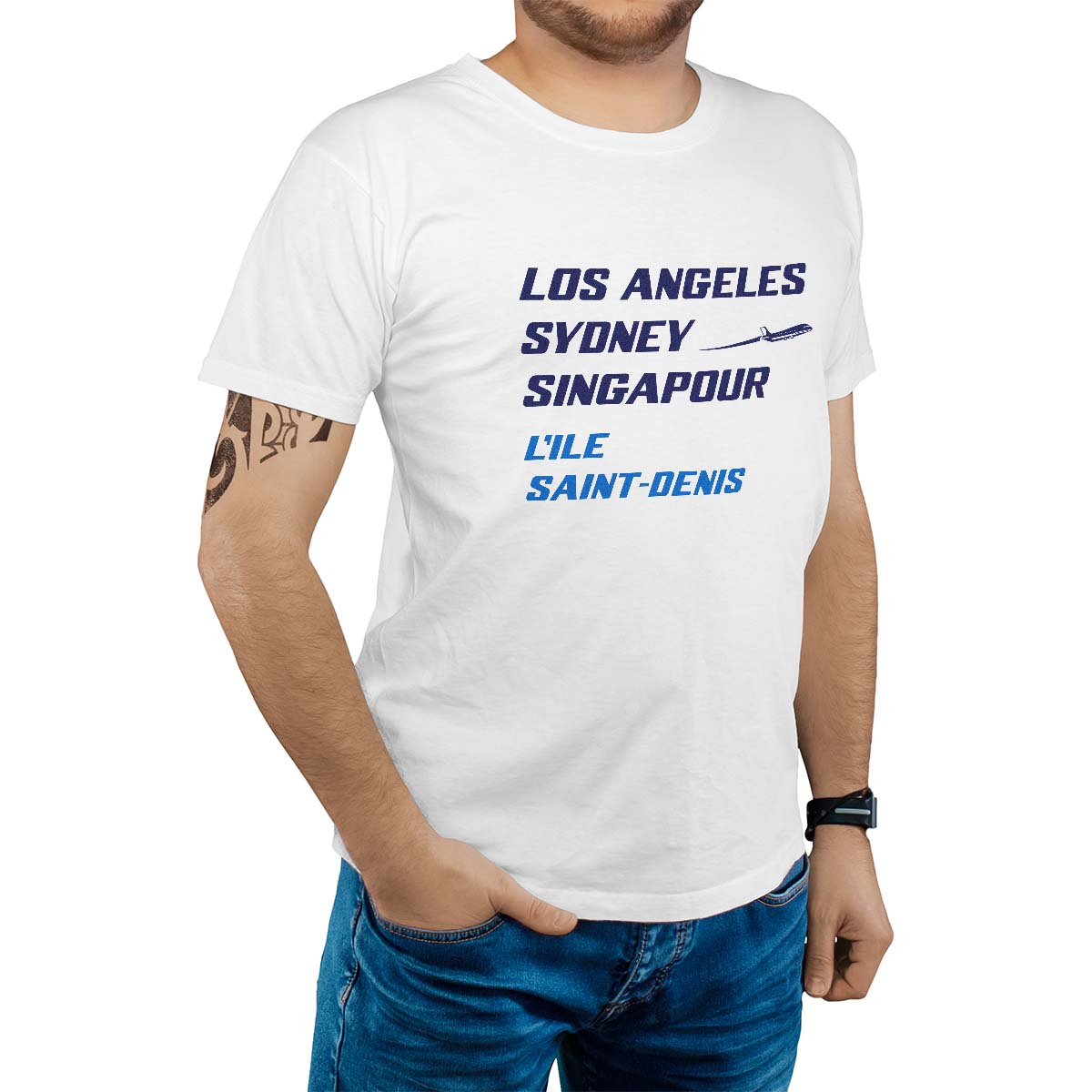 T-Shirt blanc pour homme avec le message personnalisé marine los angeles sydney singapour l'ile-saint-denis