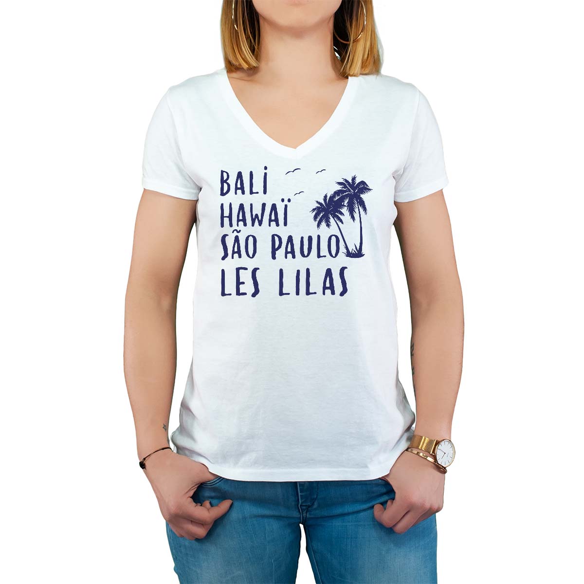 T-Shirt blanc pour femme avec le message personnalisé marine bali hawaï sao-paulo les lilas