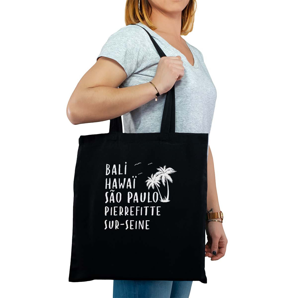 Totebag cabas personnalisé noir pour femme avec le message personnalisé blanc bali hawaï sao-paulo pierrefitte-sur-seine