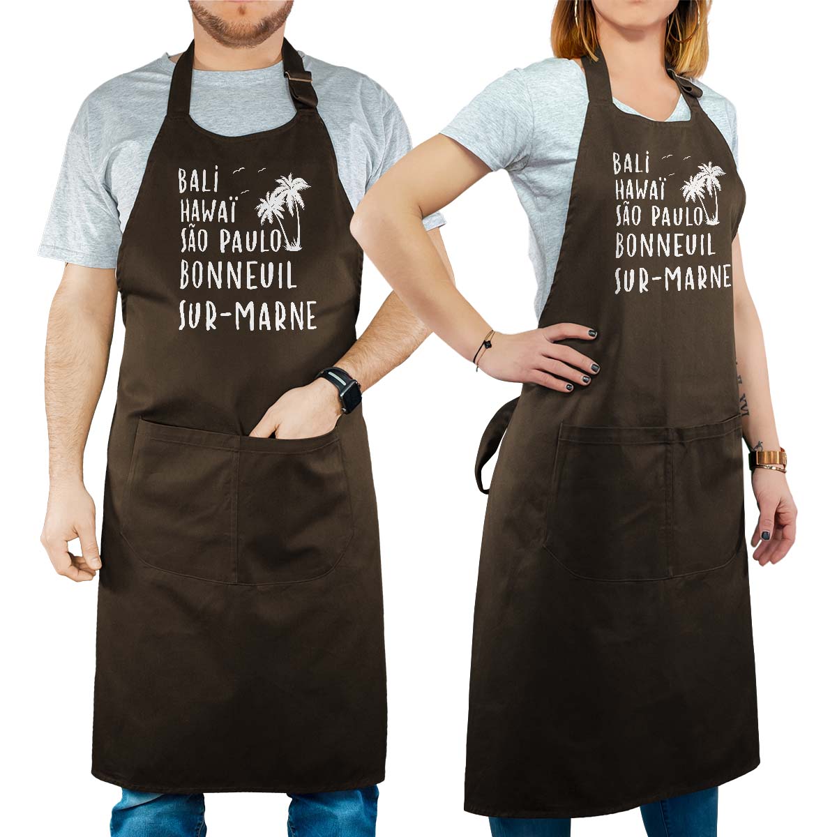 Tablier de cuisine personnalisé cacao pour femme avec le message personnalisé blanc bali hawaï sao-paulo bonneuil-sur-marne