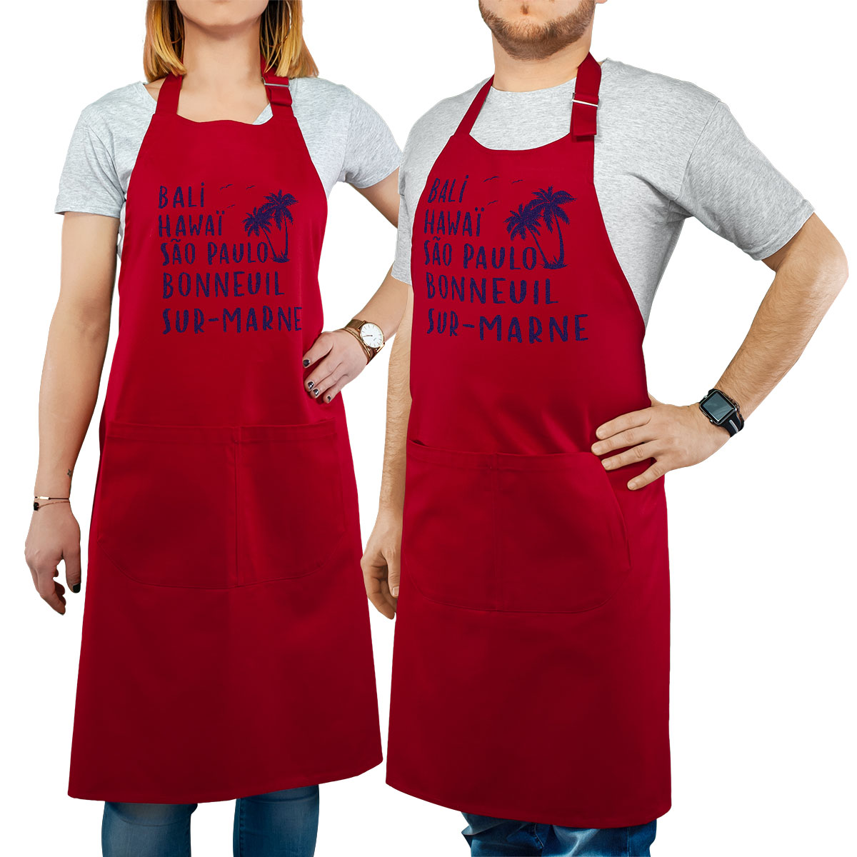 Tablier de cuisine personnalisé rouge pour femme avec le message personnalisé marine bali hawaï sao-paulo bonneuil-sur-marne